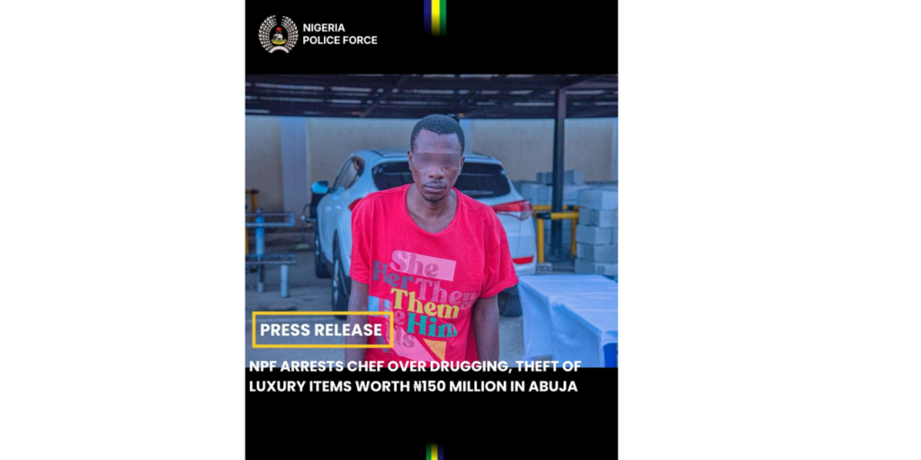 Abuja chef arrested by police for allegedly lacing employers’ food to steal valuable items Abuja chef arrested by police for allegedly lacing employers’ food to steal valuable items